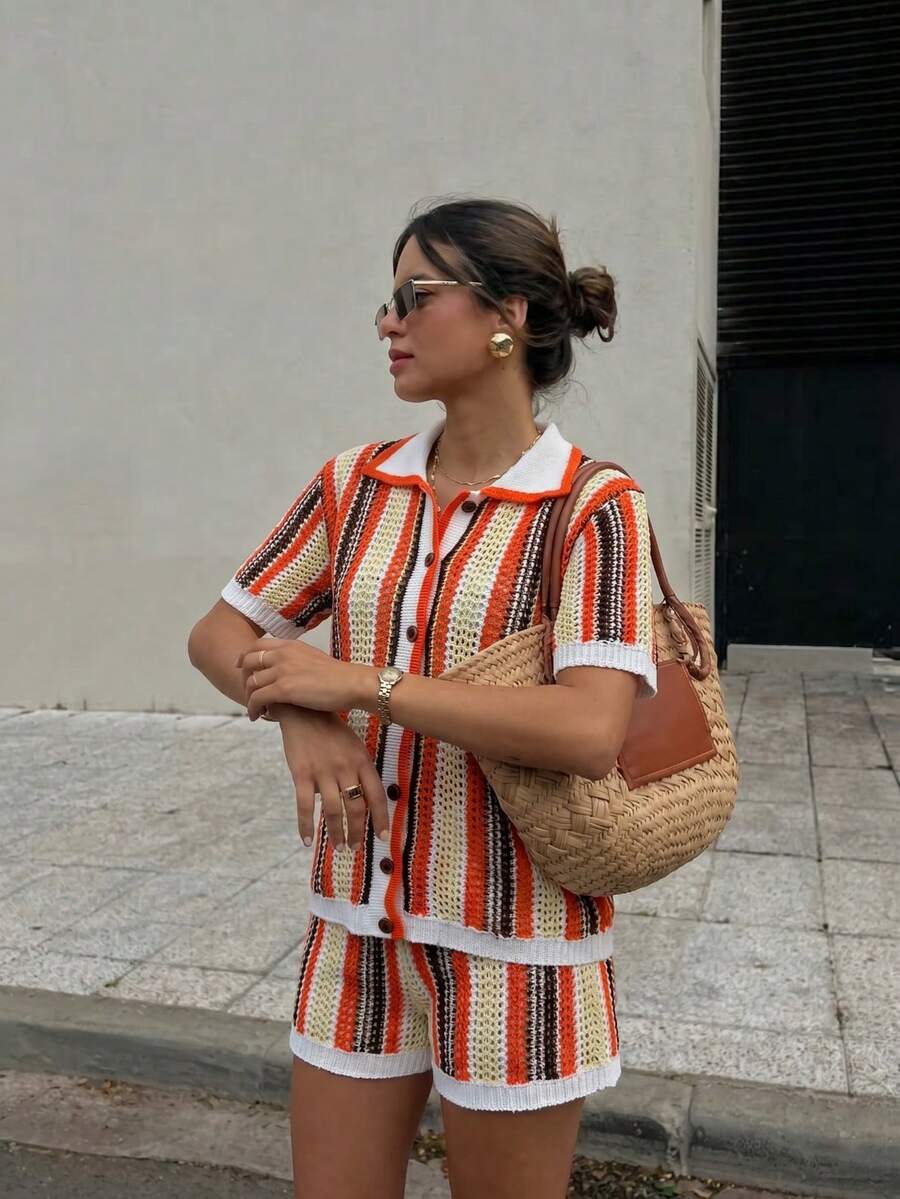 Women's New Knit 2 Pieces Set Top And Shorts, Summer Vacation Spring - Multicolor - View 1