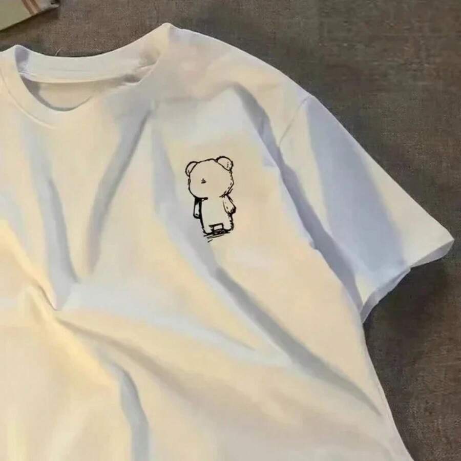 Women's Printed Short Sleeve T-Shirt, American Fashion Ins, Casual Loose Fit Couple T-Shirt, New Y2K Simple T-Shirt, Summer Fashion - 白色 - 查看 1