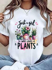 Women's T-Shirt With "Only A Girl Who Loves Plants" Print, Round Neck, Casual Style, Gift For Garden Lovers, 100% Cotton - 白色 - 查看 6