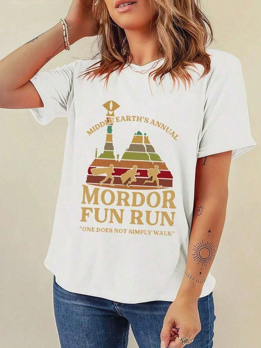 Camiseta Casual de Algodón Grueso de 180g para Mujer Payeah, Diseño Vintage Desgastado Mordor Fun Run, 100% Algodón con Estampado Digital (1 Pieza) - Blanco - Ver 1