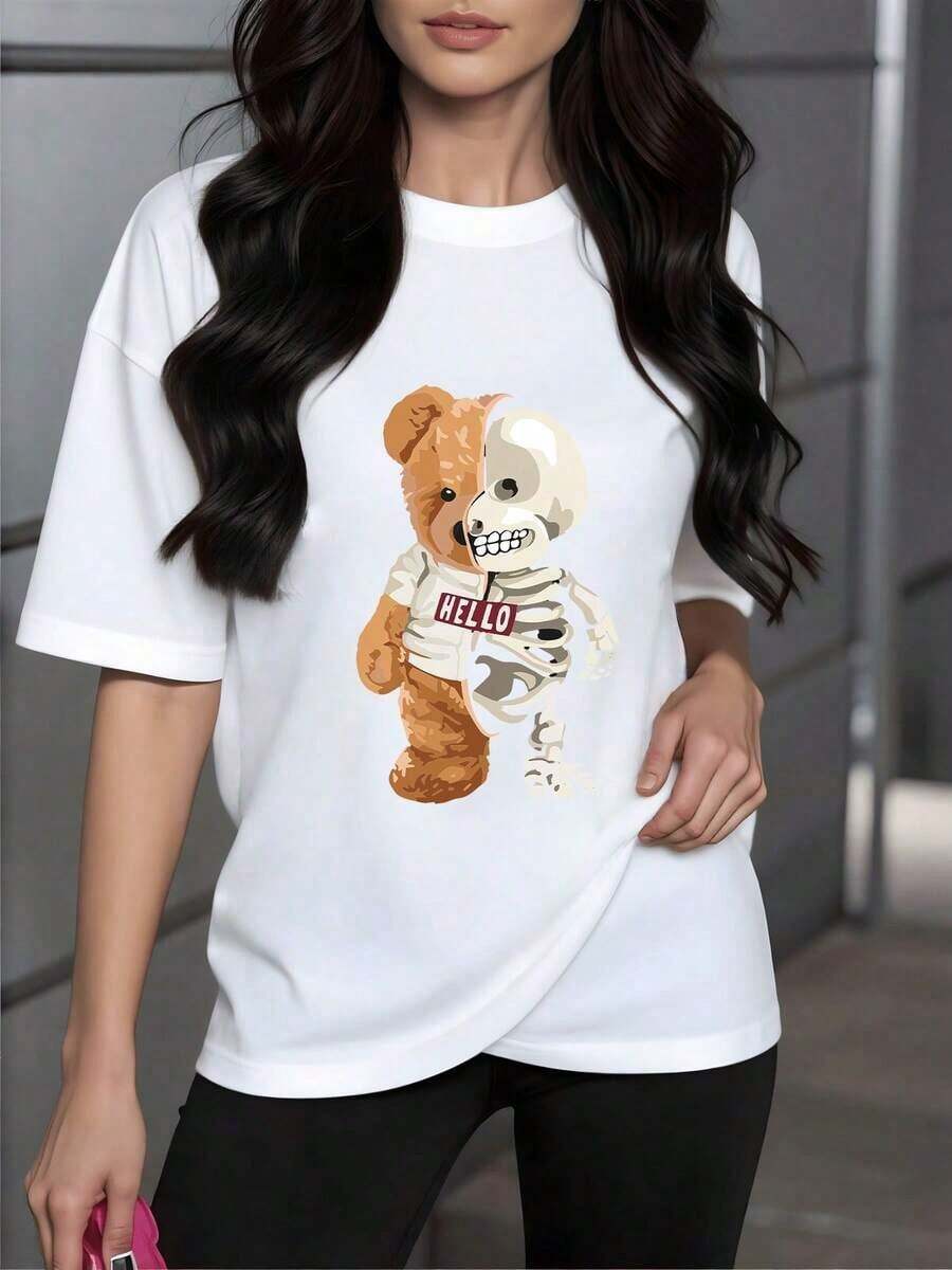 Soft Half Teddy Bear Half Skeleton Symbolizing The Duality Between Tenderness And Inner Strength, Reflecting A Unique Balance. Women's T-Shirt, 100% Cotton. New Summer Women's T-Shirt, Casual And Comfortable Crew Neck Top - 白色的 - 查看 1