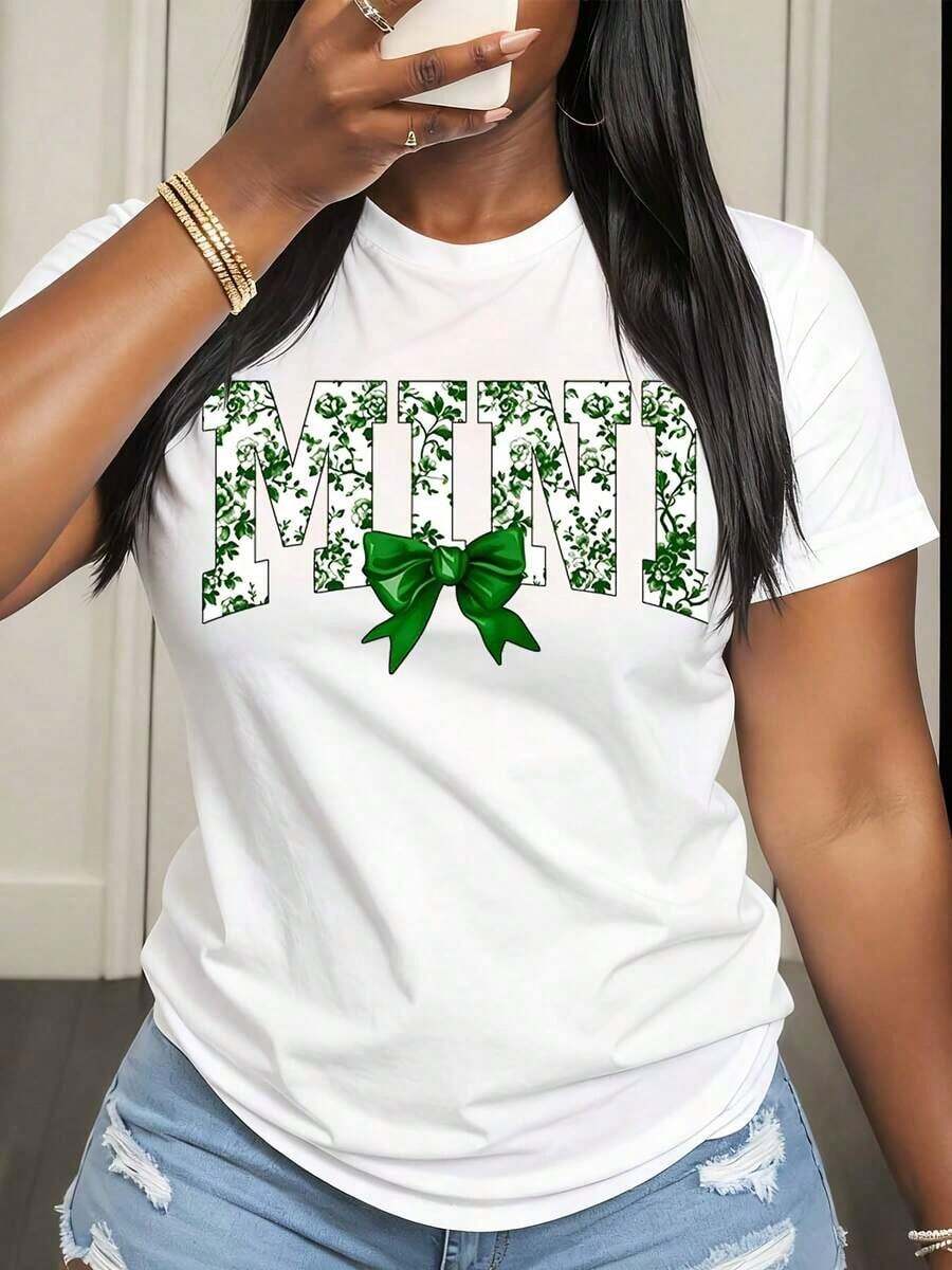 Camiseta de Mujer con Estampado de Hojas de Menta y Lazo, Ropa Casual de Verano para Mujer - Blanco - Ver 1