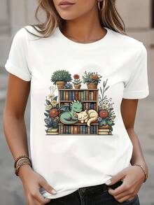 Women's T-Shirt Casual Short Sleeve T-Shirt For Women - Comfortable Print With A Cat Reading A Book And Floral Motifs, Soft And Breathable Fabric, Round Neck With Regular Fit, Machine Washable, Suitable For All Seasons, A Gift For Book Lovers, Fun Design With Semi-Transparent Material. - 白色 - 查看 7