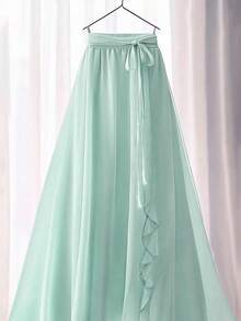 Women's Solid Color Elegant Floral Lace/Ruffle Waist Tie Draped Maxi A-Line Skirt Summer - Mint Green - View 5