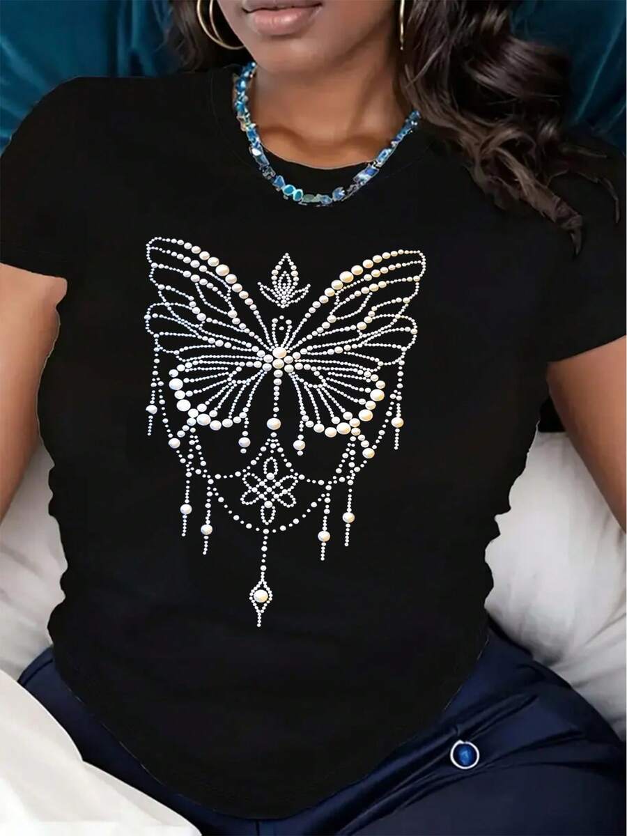 Camiseta de Mujer con Estampado de Perlas y Mariposas - Blusa de Poliéster Suave, Corte Holgado, Cuello Redondo y Manga Corta - Top Compatible | Camisa Casual de Corte Recto para Primavera-Verano, Adecuada para Vestimenta Informal y para Usar en Capas, Sin Perlas - Alta Calidad - Negro - Ver 1