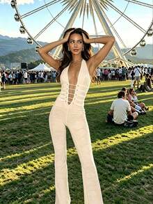Bộ jumpsuit ren gợi cảm cổ chữ V khoét sâu hở lưng dành cho nữ, kiểu dáng Y2K với dây đeo bằng da PU, ống rộng, thích hợp cho câu lạc bộ, đường phố, tiệc tùng, lễ hội âm nhạc, hẹn hò, đám cưới, tựu trường, kỳ nghỉ xuân. - Màu be - Xem 3