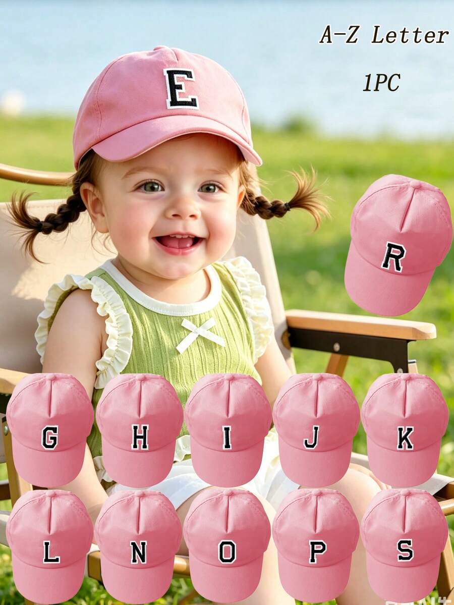 1pc Kids' Baseball Cap With 26 Alphabet Letters, Handmade Letter Design Style Baby Girls Sun Hat, Suitable For Outdoor Activities And Daily Wear, UV Protection - Pink - View 1