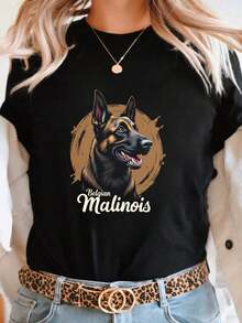 playeras de mujer algodon Camiseta de algodón puro para mujer, una camiseta casual de manga corta y cuello redondo con diseño de perro malinois belga, perfecta para la moda femenina en primavera y verano. >ropa - Negro - Ver 7