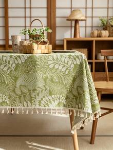 1pc Green Plant Pattern Tablecloth - Green Plant Pattern, Tassel Trim, Rectangular Design. Suitable For Spring/Summer Home Renovation, Easter Party, Kitchen/Dining Room Decor And Family Casual Meals. Outdoor Movie Night, Indoor Table Decor, Party Tablecloth Setup, Patio Leisure, Garden Party, Holiday Dinner And Casual Activities - Green B - View 3