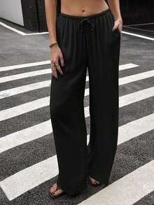 Pantalones casuales de lino de cintura baja y pierna recta para mujer, estilo de vacaciones de verano - Negro - Ver 4