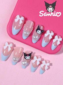 Sanrio Hello Kitty 24片裝 Y2K 長杏仁形亮片與藍色法式指尖穿戴甲，裝飾可愛 Hello Kitty 與 Kuromi、珍珠、愛心、花朵與蝴蝶結，完美貼合壓克力假指甲套組，適合女孩日常、派對與聚會使用 - 彩色 - 查看 2