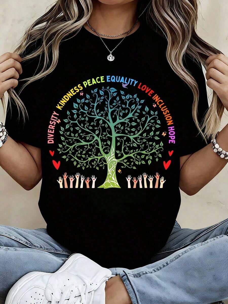 Camiseta con Estampado del Árbol de la Vida con Diversidad, Paz, Igualdad, Amor, Inclusión y Esperanza para Atuendos Casuales y Deportivos - Estilo Urbano Vintage Unisex, Camiseta de Manga Corta de Algodón 100% Algodón - Negro - Ver 1