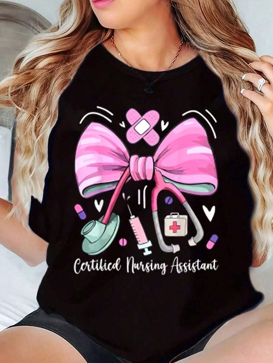 Women's T-Shirt With Medical Print Of Stethoscope And Pink Bow, Graphic Tee For Certified Nursing Assistants And Healthcare Workers, 220g. Suitable As A Gift. Women's T-Shirt. Blouses > Elegant. Boho Chic. Soft, Breathable, And Comfortable Women's Top, Ideal For Spring, Summer, And Autumn, Perfect For Vacations, Travel, And Everyday Wear. - 黑色 - 查看 1