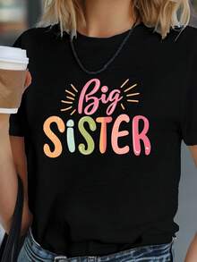 Camisetas de Algodón Oversize de Moda para Mujer 2026 Ilustración Orgullo de Hermana Mayor Camiseta Cómoda para Mujer Suave y Acogedora para Uso Diario Top de Manga Corta - Negro - Ver 7