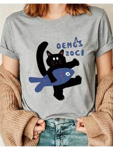 Camiseta de algodón de manga corta con corte raglán para mujer, estampado de dibujos animados de verano, diseño de estilo universitario, top de manga corta con cuello redondo para verano, adecuada para todas las estaciones, casual y versátil. THDP - Gris - Ver 1