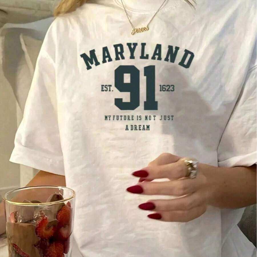 Tops de mujer, playera blanca de algodón con diseño de texto "Maryland 91", estilo clásico y versátil para primavera verano 2026 - Blanco - Ver 1