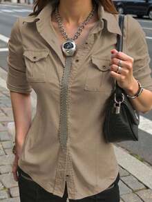 Camisa informal de manga larga en color caqui con cintura ceñida y utilidad, vestimenta casual para exteriores y para ir al trabajo, otoño - Marrón Mocha - Ver 11