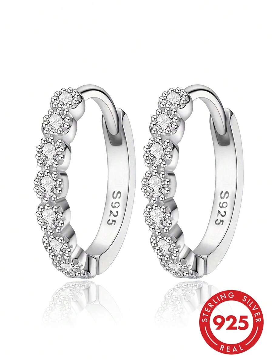 Boucles d'oreilles créoles minimalistes en argent sterling 925, boucles d'oreilles en zircone cubique, convenant pour un port quotidien, cadeau d'anniversaire - Argent - Voir 1