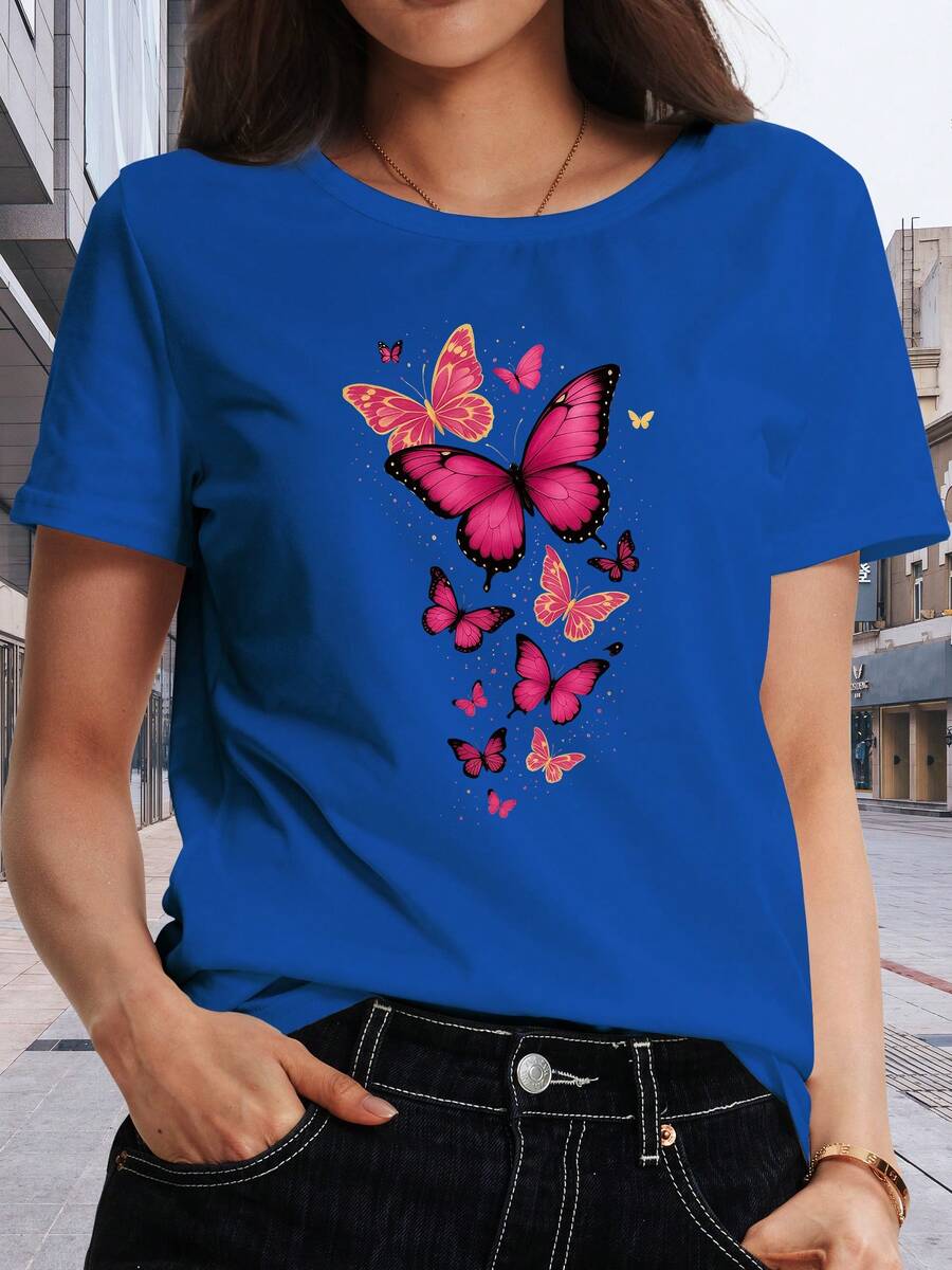 Camiseta Casual de Mujer con Estampado de Mariposas - Manga Corta, Cuello Redondo, Tela Elástica, Diseño de Mariposas Rosa Brillante, Adecuada para Primavera, Verano y Otoño, Camiseta de Mariposas SMGE - Azul - Ver 1