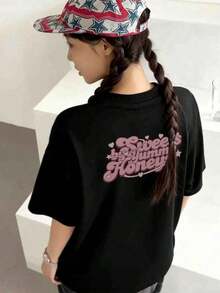 Camiseta de manga corta para mujer, estilo casual de verano, corte holgado, con lazo decorativo en colores contrastantes, color negro - alta calidad - Negro - Ver 8