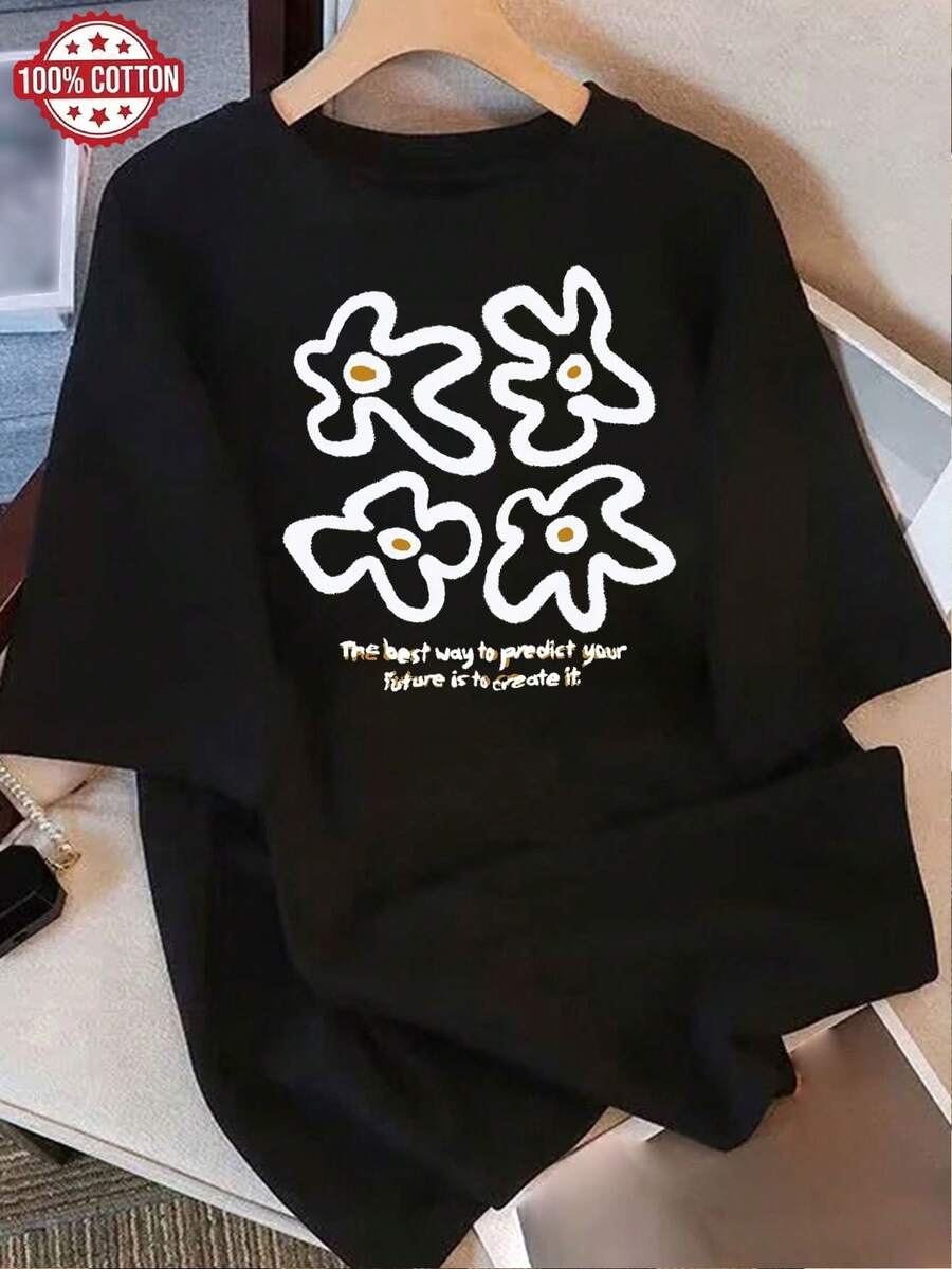 Camiseta de Mujer: Camiseta de Verano Moderna de Algodón Puro, Cuello Redondo Holgado, Ropa Versátil para Mujer, Camiseta Casual Cómoda para Adolescentes, Tops de Manga Corta Vibrantes y Juveniles para Uso Diario. - Negro - Ver 1