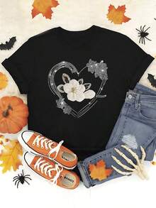 Women's T-Shirt, 100% Pure Cotton, Bohemian Style, With Artistic Floral Print, Casual, Basic, Short Sleeve, Fashionable. Women's T-Shirt With Vintage Bohemian Pattern, 100% Cotton, Soft, Breathable, Round Neck, Short Sleeve, Urban Boho Style. - 黑色 - 查看 1