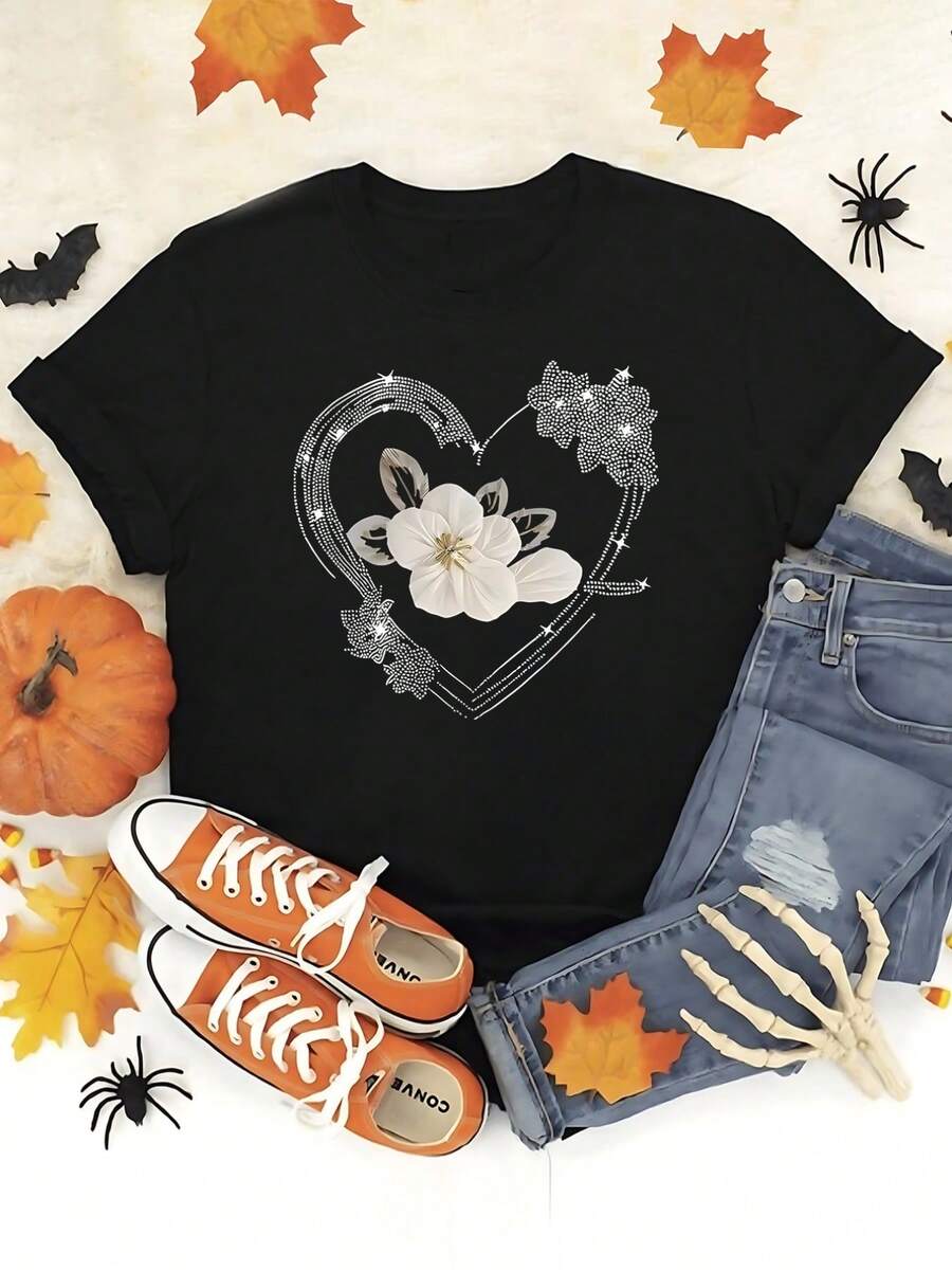 Women's T-Shirt, 100% Pure Cotton, Bohemian Style, With Artistic Floral Print, Casual, Basic, Short Sleeve, Fashionable. Women's T-Shirt With Vintage Bohemian Pattern, 100% Cotton, Soft, Breathable, Round Neck, Short Sleeve, Urban Boho Style. - 黑色 - 查看 1