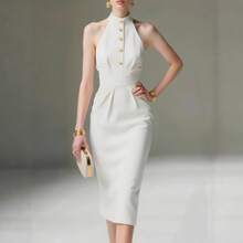 Vestido Midi Liso de Verano, Cuello Halter Sin Mangas con Botones y Fruncidos - Blanco - Ver 3