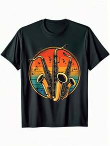 Camiseta Vintage para Hombre con Estampado de Saxofón de Jazz - Camiseta de Música Negra, con elementos de saxofón dorado, algodón transpirable, cuello redondo, mangas cortas, adecuada para clubes de jazz, conciertos y atuendos casuales de estilo vintage, diseño de patrón geométrico, ajuste cómodo, material duradero, top holgado, blusa elegante para mujer, blusas elegantes. - Negro - Ver 6