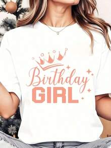 Camiseta de Mujer con Estampado de Corona de Cumpleaños, Cuello Redondo, Uso Diario Casual, Suave y Cómoda, para Festivales, 220g, Playera Holgada para Mujer - Blanco - Ver 7