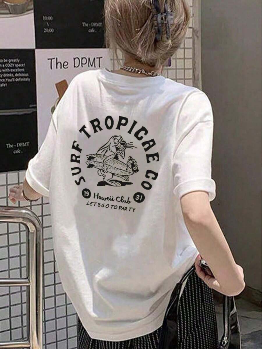 ropa de mujer Camiseta de manga corta estilo japonés para mujer, corte holgado, cuello redondo, informal, con estampado de conejo de dibujos animados americanos, primavera/verano, camisas de mujer blancas - Blanco - Ver 1