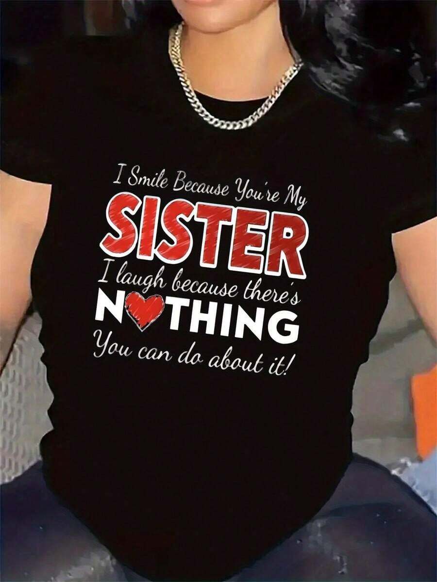 Camiseta gráfica con temática de hermandad de hermanas - Top casual de manga corta y cuello redondo de poliéster transpirable, estampado de hermanas en blanco y negro para atuendos casuales, conjuntos a juego, comodidad para todas las estaciones.Transpirable y cómoda.