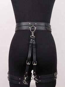 1pc Sexy Garter Belt PU Leather Restraint Strap Gothic Lingerie Body Waist Belt Thigh High Stockings Suspender Leg Restraint - 粉色 - 查看 3