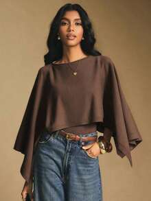 Suéter de poncho de cuello redondo marrón para mujer, suéter elegante para mujer, informal para mujer, para Año Nuevo para mujer, adecuado para uso diario, salir, ir y venir en otoño/invierno, top de manga de murciélago, top marrón café, top marr - Marrón - Ver 5