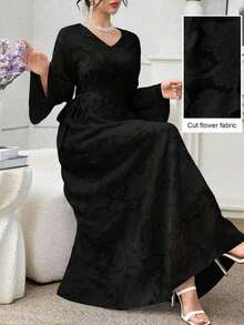 Vestido elegante de mujer con cuello en V, estampado floral y cintura ceñida para fiestas y viajes - Negro - Ver 1