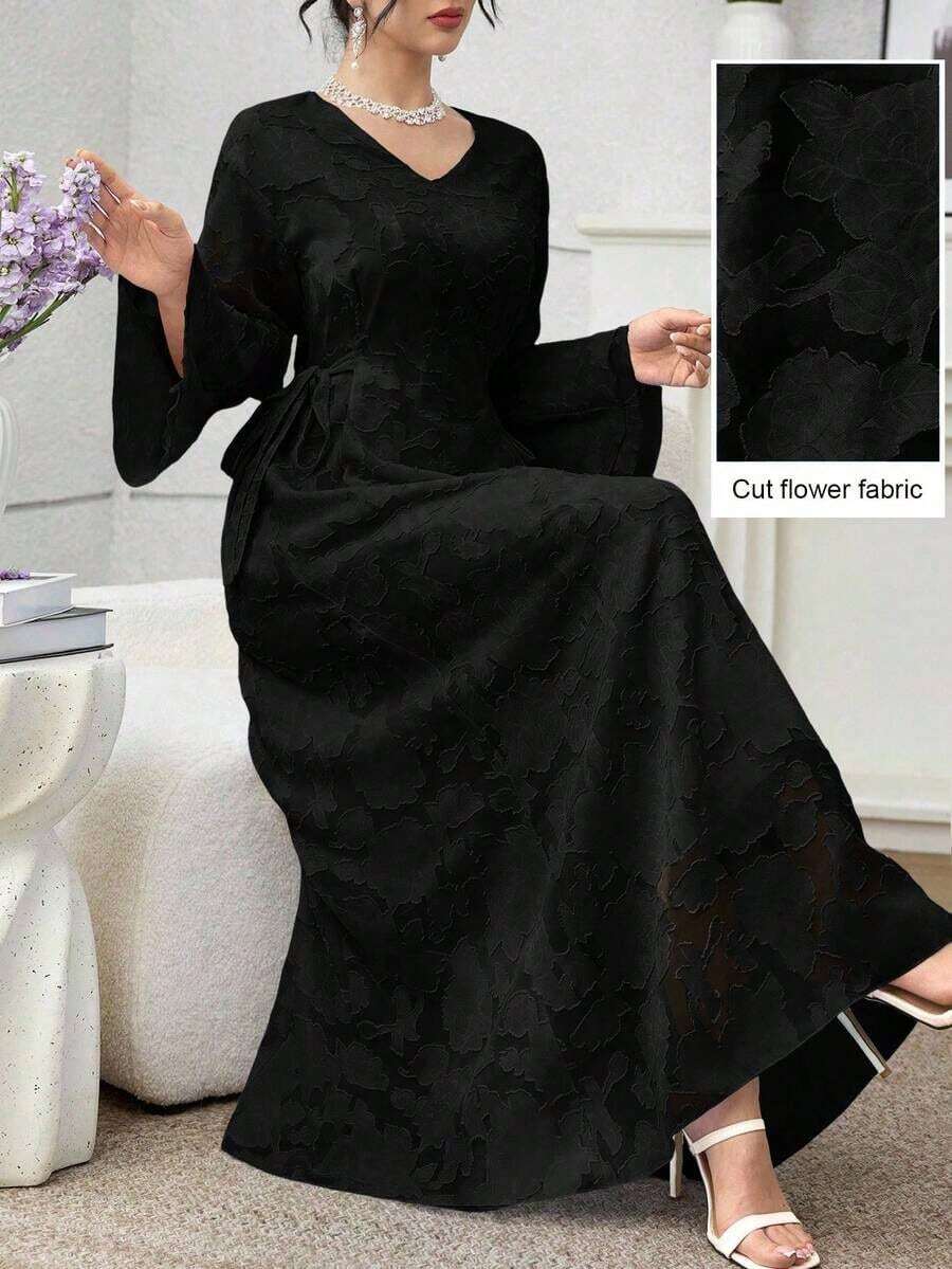 Vestido elegante de mujer con cuello en V, estampado floral y cintura ceñida para fiestas y viajes - Negro - Ver 1