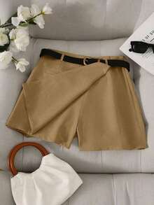 Pantalones con falda asimétrica de moda casual para ir al trabajo, pantalones cortos multifuncionales para mujer, pantalones con falda a juego sin cinturón - Marrón Mocha - Ver 4