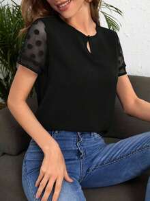 Blusa De Manga Corta De Malla Con Lunares Para Mujer - Negro - Ver 6
