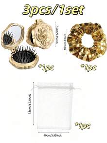 Bộ 12/6/1 - Gương trang điểm mini gấp gọn họa tiết hoa hồng cổ điển, lược nhỏ cầm tay, dây buộc tóc, túi đựng phụ kiện tạo kiểu tóc - Lược đệm khí hình hoa hồng tinh tế, vòng buộc tóc kiểu disco, túi đựng len, phù hợp cho bé gái, có thể dùng làm quà tặng tiệc tùng, quà tặng tiệc mừng em bé, bộ phụ kiện tiệc, bộ lược tặng khách dự tiệc cưới, quà tặng tiệc tiết lộ giới tính (Màu vàng) - Nhiều màu - Xem 13