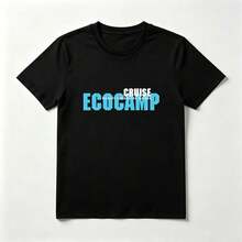 Large Blue Letters Black Cotton T-Shirt Camp Style - Black - View 1