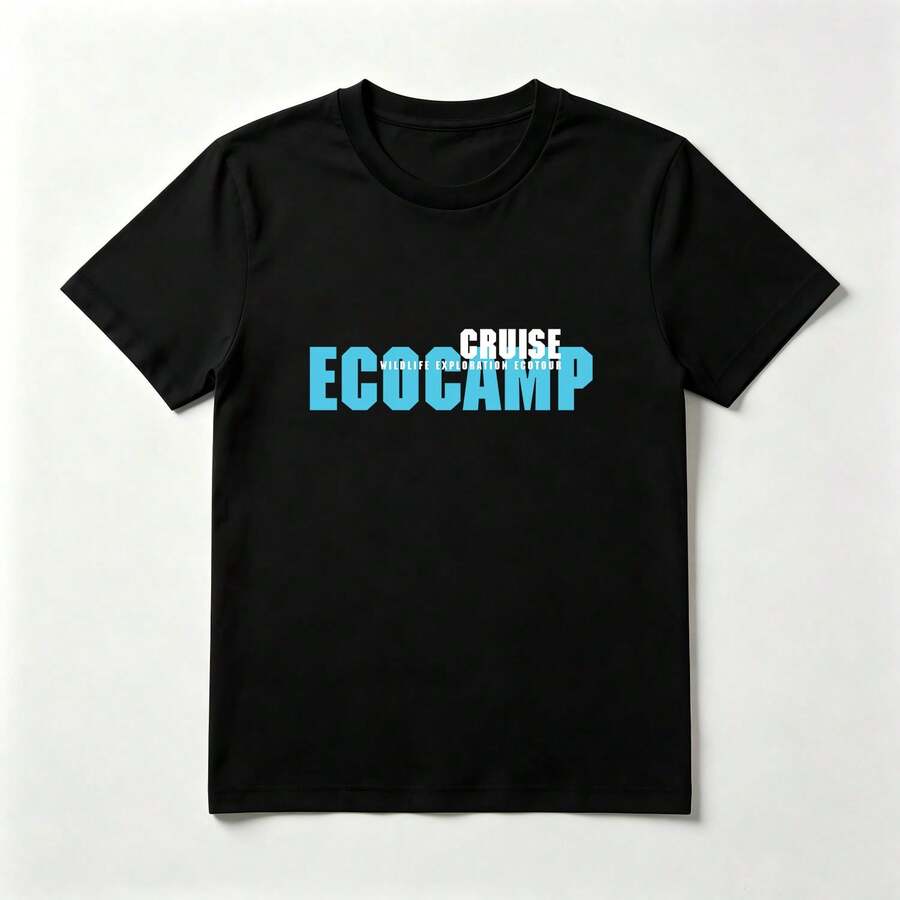 Large Blue Letters Black Cotton T-Shirt Camp Style - Black - View 1