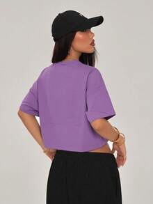 Black Cropped T-Shirt With Bright Colored Lettering, Youthful Casual Style - Purple - View 2