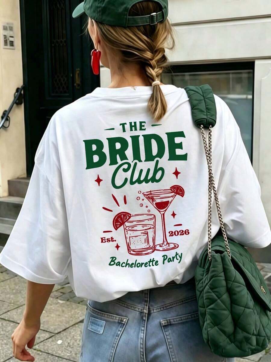 Camiseta de manga corta para mujer con estampado retro "My Bride Era", camiseta holgada con diseño estético para despedida de soltera, top casual de cuello redondo adecuado para bodas, fiestas nupciales, vacaciones de verano, ropa de calle, regalo nupcial, color blanco. - Blanco - Ver 1