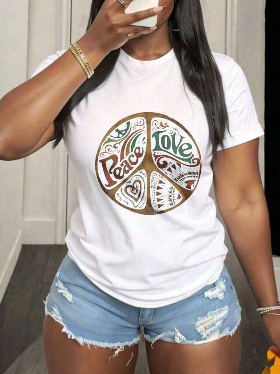 Diversión Impreso Redondo Cuello Corto Con mangas Mujeres Camiseta Paz Amor Y Armonía Boho Estilo Gráfico Camiseta Para Mujeres Informal Superior Con Paz Símbolo Diseño Vintage Inspirado Moda Declaración Camisa Adecuado Para Vacaciones Festivales y eventos deportivos Y Otros Vacaciones Regalos-Vintage Calle Estilo Unisexo Suelto Algodón Corto Manga Tripulación Cuello Camiseta para mujer, ropa fresca de verano - Blanco - Ver 1