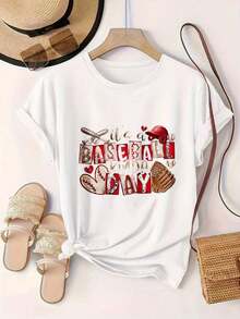 Nueva Llegada 2026: Camiseta Casual Estampada de Moda para Mujer con Diseño de Béisbol, Adecuada para Todas las Temporadas  
 Camiseta de Mujer de Uso Diario, 100% Algodón, Transpirable, de Moda, con Estampado Gráfico, de la Marca WhiteSoft. - Blanco - Ver 2