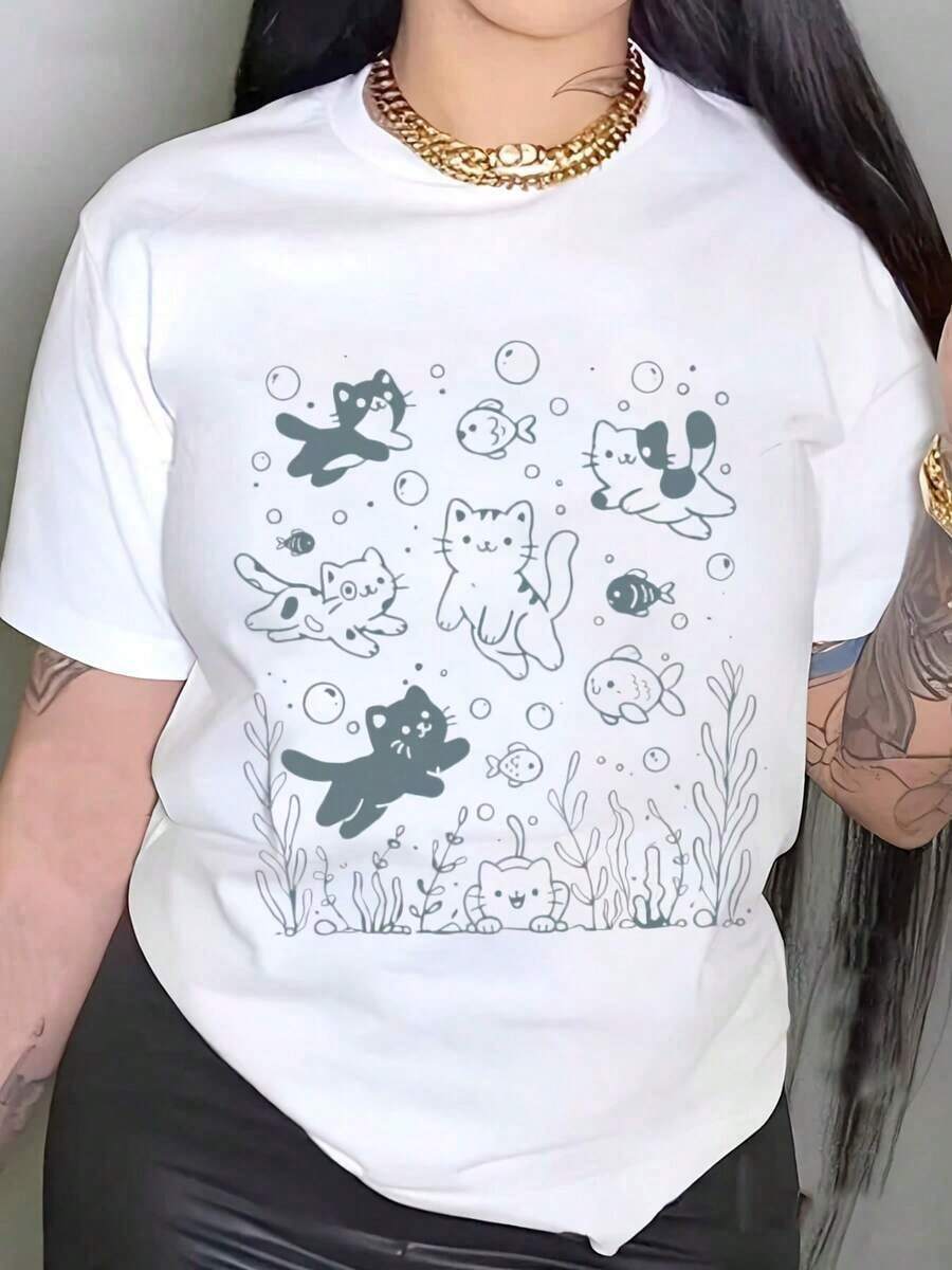 100% algodón puro, para mujerCamiseta retroNataciónGatoCamisaParaSeñora de los GatosVintageFishingcoreGatoCamisetaRegaloParaAmante de los gatos,LavadoCuello redondoGatoTee,KawaiiGráficoGatitaTopShortMangaTripulaciónCuelloInformalSuperiorParaPlusTamañoOtoño&Invierno,MujeresRopaGráficoCamisetasMujeresTops - Blanco - Ver 1