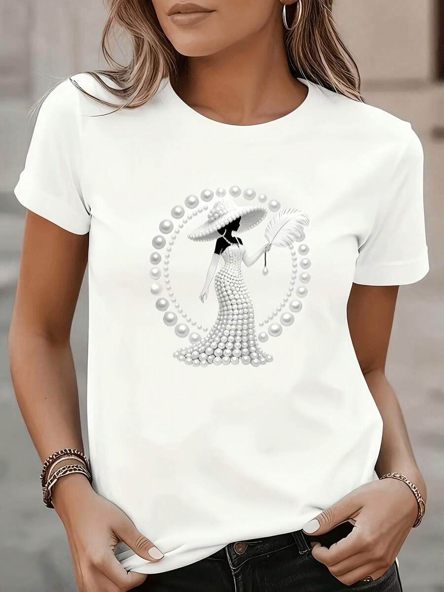 Nueva camiseta de verano de manga corta para mujer, top elegante con perlas y estampado, estilo versátil de ajuste holgado, estilo de lujo ligero de nicho para desplazamientos diarios--Quanquan - Blanco - Ver 1