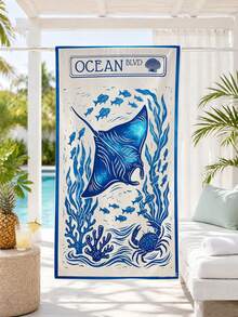 1条蓝色魟鱼印花超柔软微纤维沙滩巾，多种尺寸可选，轻便沙滩毯，适合游泳、露营、运动、海滩或健身房使用，沙滩配件 | 时尚沙滩巾 | 耐用沙滩垫 - 藍調魔鬼魚 - 查看 4