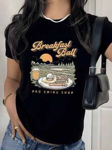 Breakfast Themed Graphic Print T-Shirt, 180g, 1 Piece, Women's Casual Style, 100% Cotton, Vintage Retro Style - 黑色 - 查看 9