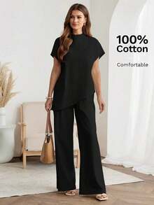 Conjunto de 2 piezas de top a rayas y pantalones con bajo asimétrico para mujer - Negro - Ver 4